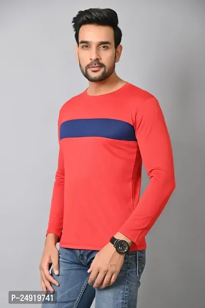 Burundi Blu Regular fit Casual Stripes Plain Lightweight Stretchable Full Long Sleeve Red Round Neck T Shirt for Men(B-P16)-thumb5