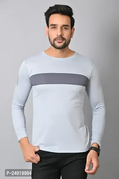 Burundi Blu Stripe Full Sleeves T-Shirt Gym Wear Active Wear- Light Grey-thumb0