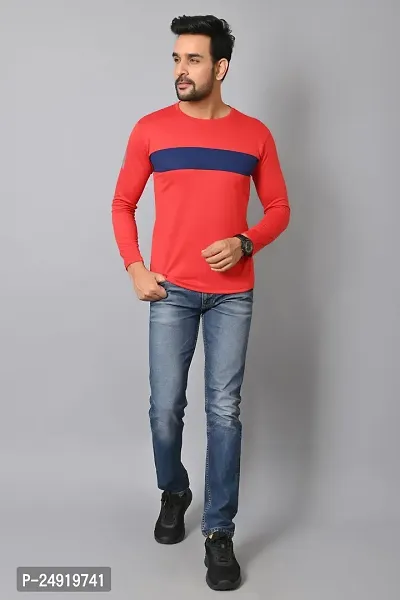 Burundi Blu Regular fit Casual Stripes Plain Lightweight Stretchable Full Long Sleeve Red Round Neck T Shirt for Men(B-P16)-thumb3