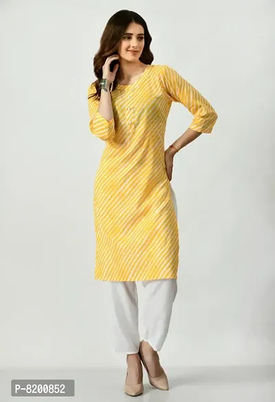 Stylish Fancy Lehariya Print Cotton Gota Work Knee Length Yellow A-Line Kurti