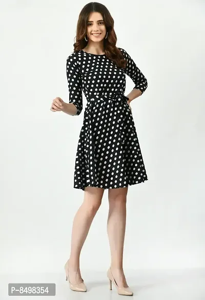 Trendy Polka Dot Print Crepe Fit and Flare Black Dress For Women-thumb3
