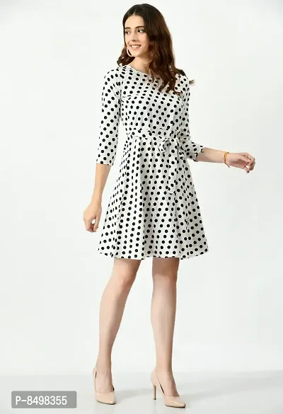 Trendy Polka Dot Print Crepe Fit and Flare White Dress For Women
