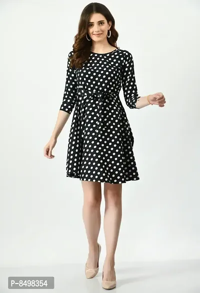 Trendy Polka Dot Print Crepe Fit and Flare Black Dress For Women-thumb0