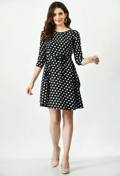 Trendy Polka Dot Print Crepe Fit and Flare Dress For Women