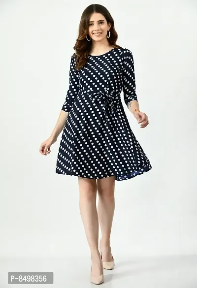 Trendy Polka Dot Print Crepe Fit and Flare Navy Blue Dress For Women