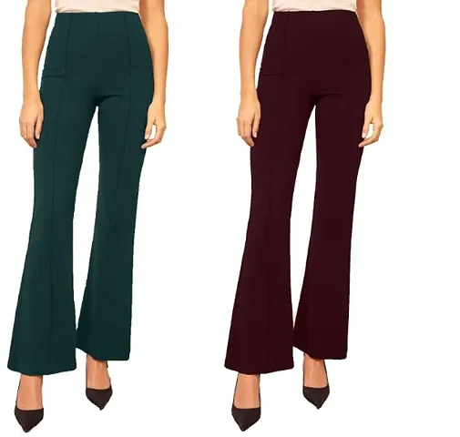 Women Trendy Bootcut Trousers Bellbottom Straight Trousers Pants Pack of 2