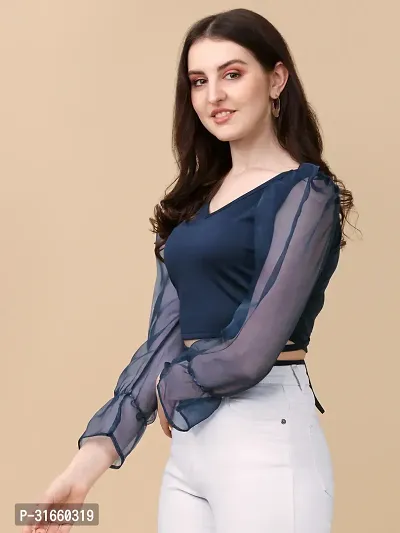 Elegant Blue Cotton Blend Solid Top For Women-thumb3