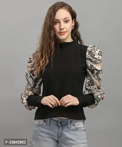 DL Fashion Casual Full Sleeve Printed Women Black Top