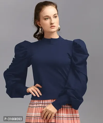 Elegant Navy Blue Polyester Solid Top For Women-thumb0