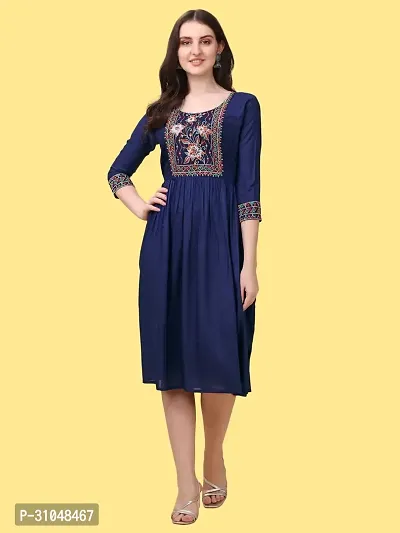 Stylish Blue Viscose Rayon Embroidered Dress For Women