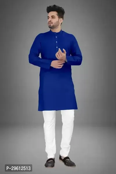 Stylish Blue Cotton Blend Solid Kurta For Men