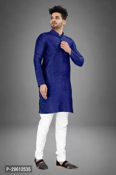 Stylish Blue Cotton Blend Solid Kurta For Men