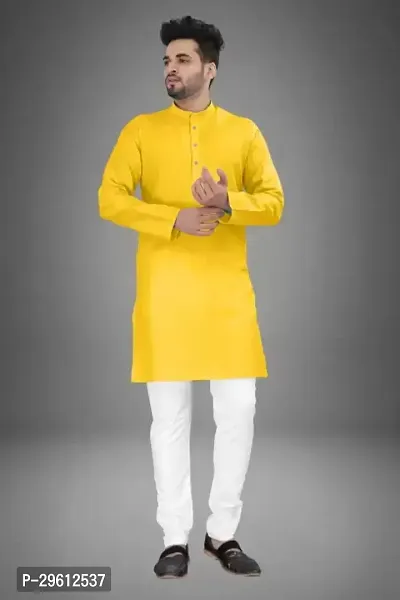 Stylish Yellow Cotton Blend Solid Kurta For Men-thumb0