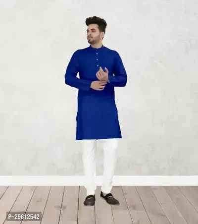 Stylish Blue Cotton Blend Solid Kurta For Men