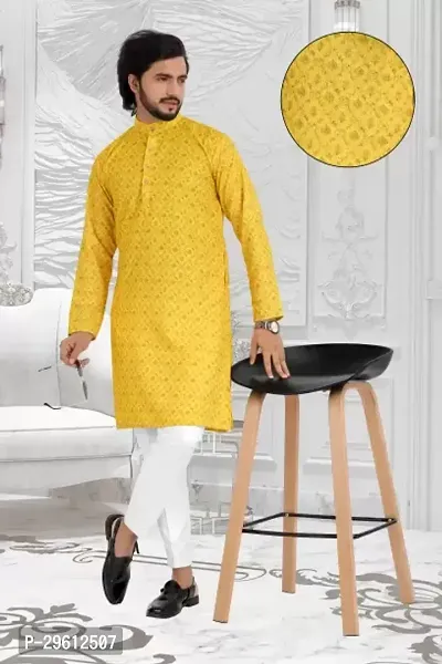 Stylish Yellow Cotton Blend Printed Kurta For Men