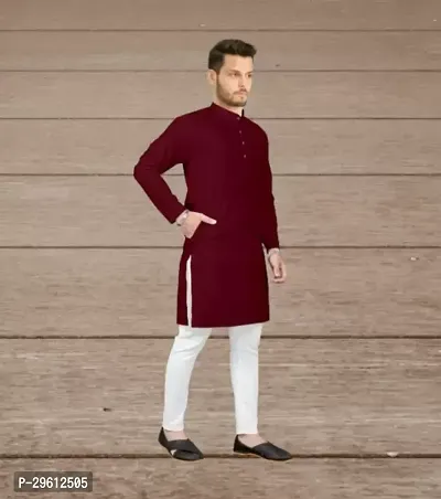 Stylish Maroon Cotton Blend Solid Kurta For Men-thumb0