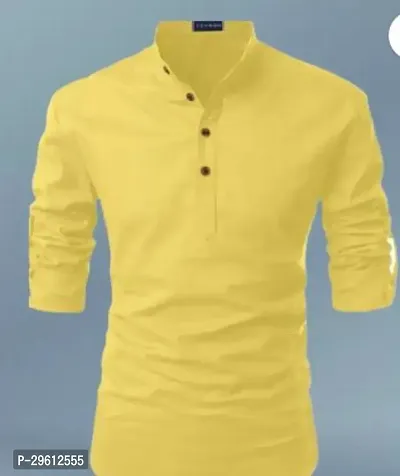 Stylish Yellow Cotton Blend Solid Kurta For Men-thumb0