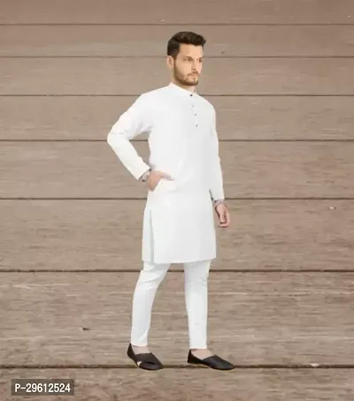 Stylish White Cotton Blend Solid Kurta For Men-thumb0