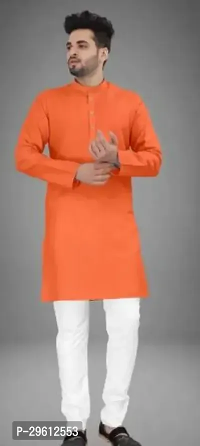 Stylish Orange Cotton Blend Solid Kurta For Men-thumb0