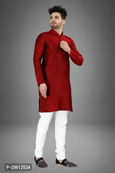 Stylish Maroon Cotton Blend Solid Kurta For Men