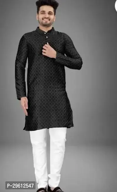 Stylish Black Cotton Blend Solid Kurta For Men