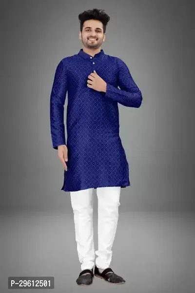 Stylish Blue Cotton Blend Solid Kurta For Men