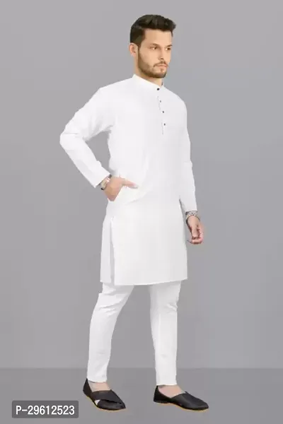 Stylish White Cotton Blend Solid Kurta For Men-thumb0