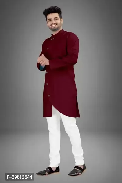 Stylish Maroon Cotton Blend Solid Kurta For Men-thumb0