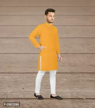 Stylish Yellow Cotton Blend Solid Kurta For Men-thumb0