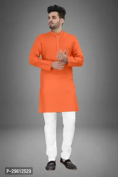 Stylish Orange Cotton Blend Solid Kurta For Men-thumb0