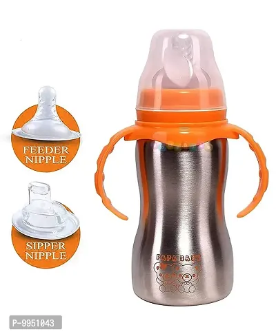 240 ml Capacity 2 in 1 Double Wall Insulated 304 Stainless Steel/Thermos/Sipper/Feeding/Anti Colic Feeding Bottle for Kids (Orange) Pack of 3-thumb0