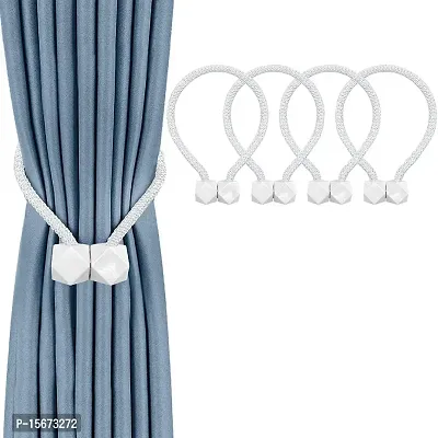 FURNISHINGKART Hexa Polyester and Magnet Curtain Tiebacks Drapery Holdbacks Binding Tie Band for Living Room Decoration, Medium, White - Set of 4 Pieces-thumb0