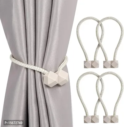 FURNISHINGKART Hexa Polyester and Magnet Curtain Tiebacks Drapery Holdbacks Binding Tie Band for Living Room Decoration, Medium, No Tools Or Assembly Required - Cream, Set of 4 Pcs-thumb3