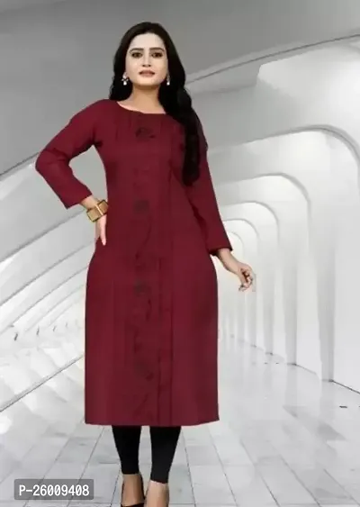 Stylish A-Line Maroon Embroidered Cotton Blend Kurta For Women-thumb0