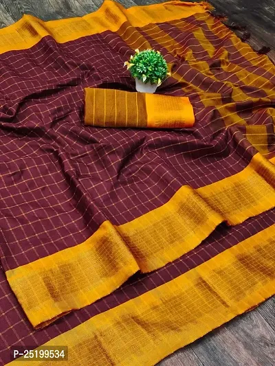 Ruhab's Women Cotton Silk Handloom Checkered Saree With Unstitched Blouse | Red-thumb0