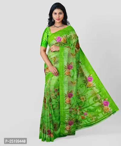 Ruhab's Women Cotton Silk Daily Wear Floral Saree With Unstitched Blouse | Green