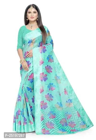 Ruhab's Women Pure Cotton Daily Wear Floral Saree With Unstitched BlouseHandcrafted Delights | Rangat_Teal-thumb0