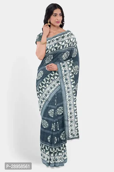 Stylish Grey Cotton Printed Saree With Blouse Piece For Women-thumb0