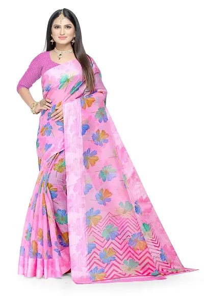 Ruhab's Women Pure Cotton Daily Wear Floral Saree With Unstitched Blouse | Handcrafted Delights