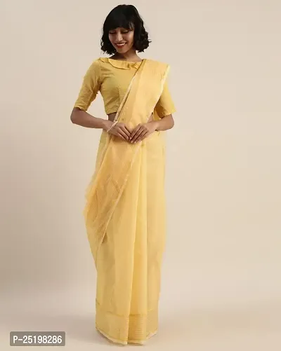 Ruhab's Women Cotton Blend Kota Doria Block Print Saree With Unstitched BlouseRich Embellishments | Yellow-thumb0