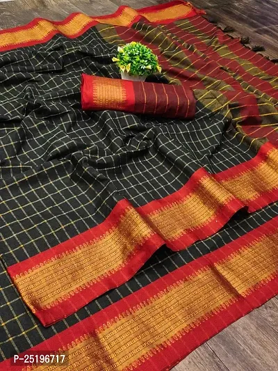 Ruhab's Women Cotton Silk Handloom Checkered Saree With Unstitched Blouse | Black