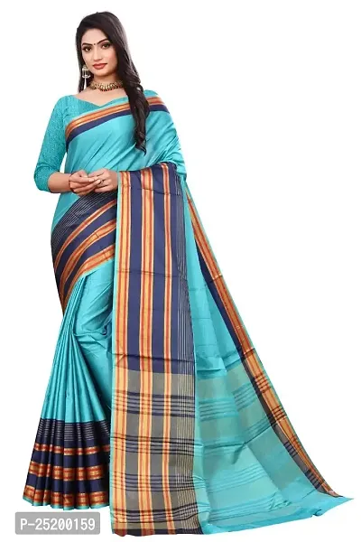 Ruhab's Women Cotton Silk Banarasi Striped Saree With Unstitched BlouseArtisanal Excellence in Sarees | Teal