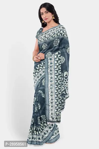 Stylish Grey Cotton Printed Saree With Blouse Piece For Women-thumb2