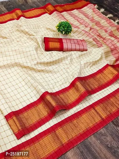 Ruhab's Women Cotton Silk Handloom Checkered Saree With Unstitched Blouse | Cream