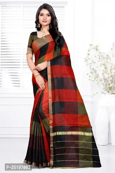 Ruhab's Women Cotton Blend Banarasi Checkered Saree With Unstitched BlouseEthnic Grandeur | Red-thumb0