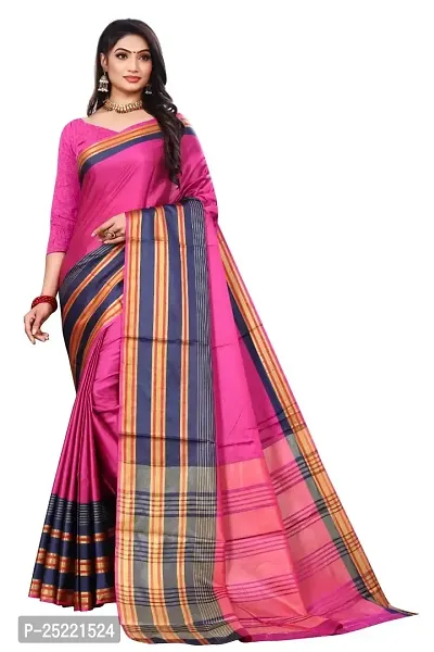 Ruhab's Women Cotton Silk Banarasi Striped Saree With Unstitched BlouseArtisanal Excellence in Sarees | Magenta
