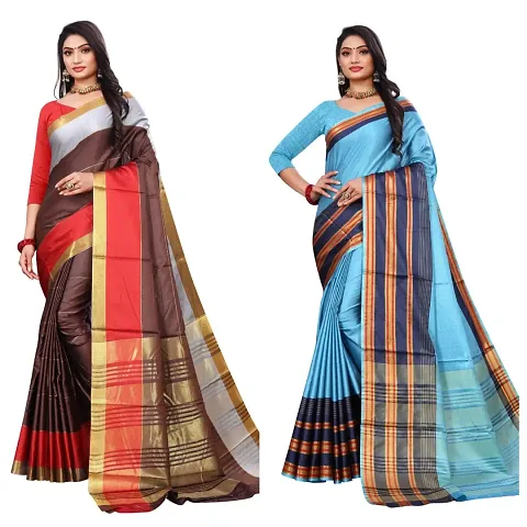 Ruhab's Women Cotton Silk Handloom Woven Design Saree With Unstitched Blouse | Pack of 2