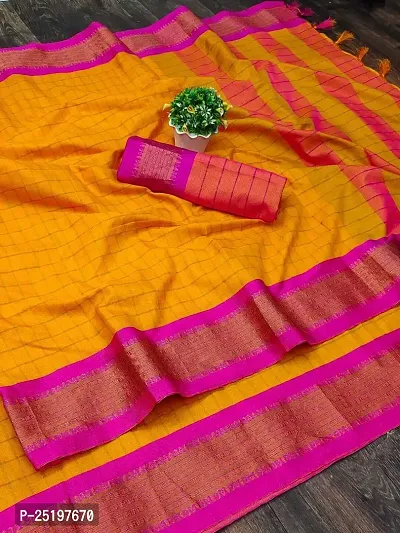 Ruhab's Women Cotton Silk Handloom Checkered Saree With Unstitched Blouse | Mustard-thumb0