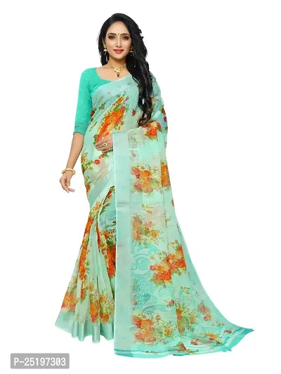 Ruhab's Women Pure Cotton Daily Wear Floral Saree With Unstitched BlouseTimeless Beauty in Sarees | Aqua Blue