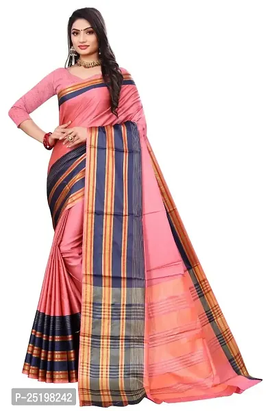 Ruhab's Women Cotton Silk Banarasi Striped Saree With Unstitched BlouseArtisanal Excellence in Sarees | Pink